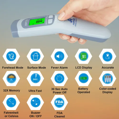 Miniatura 2 de Amplim Paquete de 2 termómetros infrarrojos digitales para la frente de grado médico y hospitalario sin contacto para bebés, niños y adultos.