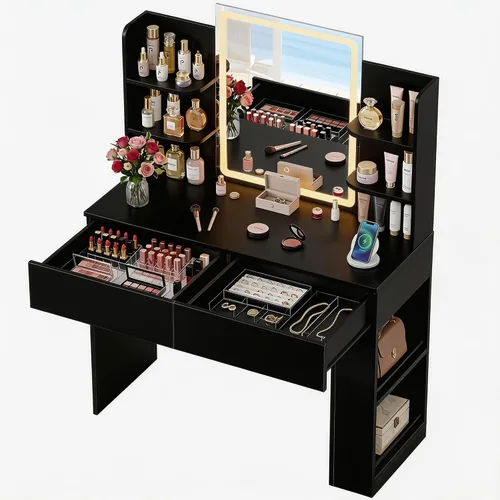 Furmax Escritorio de tocador con espejo y luces LED, mesa de tocador de maquillaje con 3 colores de iluminación, brillo ajustable, mesa de tocador