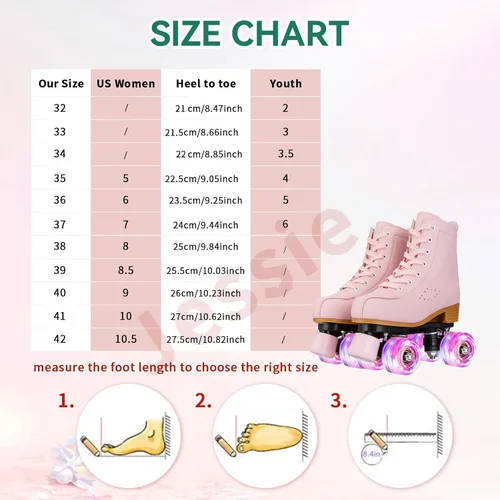 Miniatura 5 de jessie Patines de ruedas para niñas y mujeres, patines de piel sintética iluminados para niños, lindos patines ajustables de cuatro ruedas