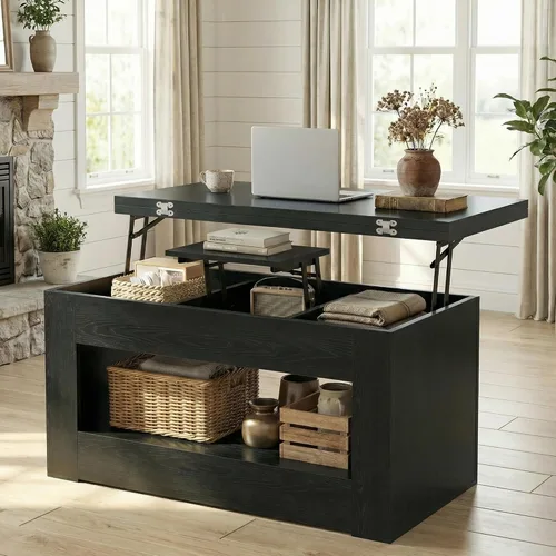 Miniatura 8 de UNIQUITE Mesa de centro elevable de 40 pulgadas, mesas auxiliares de elevación multifunción 4 en 1 con almacenamiento y compartimento oculto, mesas