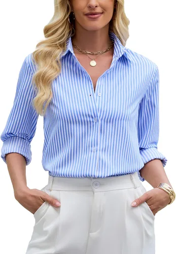 Miniatura 25 de Camisa clásica de botones para mujer, manga larga con cuello, blusa de gasa para trabajo y oficina