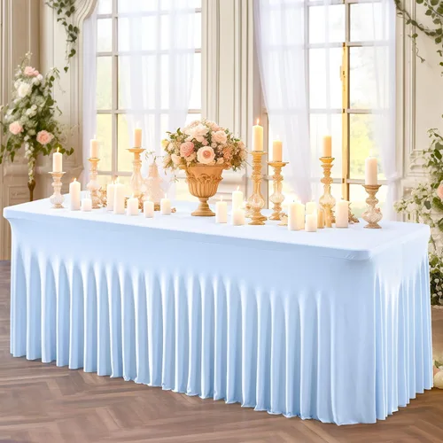 Miniatura 5 de Paquete de 2 manteles color azul bebé para mesa rectangular de 4 pies, manteles de elastano elásticos de 4 pies, falda blanca rectangular para baby