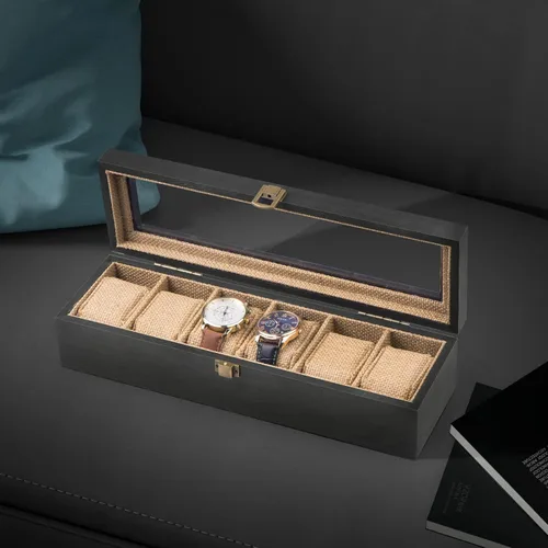 Miniatura 7 de Alsonerbay Caja de reloj con 6 ranuras para hombres y mujeres, organizador de reloj negro, soporte de almacenamiento de madera con cerradura