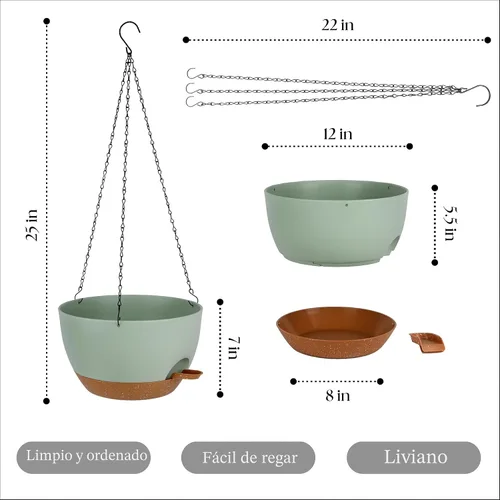 Miniatura 2 de TYMENSH Macetas colgantes de 12 pulgadas, juego de 2 macetas colgantes de riego automático con agujeros de drenaje, platillo extraíble, macetas