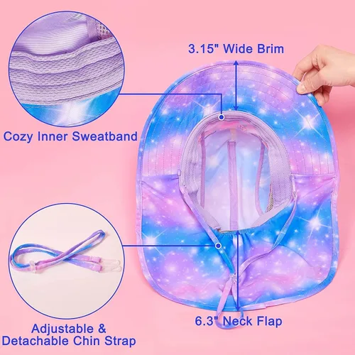 Miniatura 44 de Sombrero de sol para niños, protección UV, unicornio, verano, playa, jugar con ala ancha, solapa para el cuello para niñas y niños