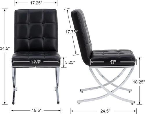 Miniatura 2 de EALSON Juego de 2 sillas de comedor modernas, tapizado de cuero negro con lengüetas de metal cromado y respaldos altos copetudos, sin brazos