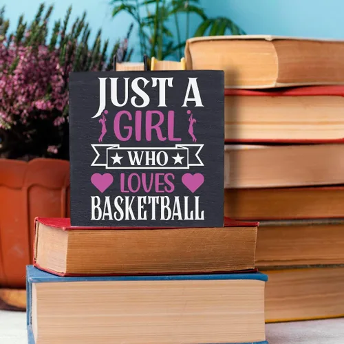 Miniatura 5 de HTBIG Funny Just a Girl Who Loves Basketball Box Sign Rustic Basketball Lovers Wood Box Sign Art Home Girl Bedroom Shelf Desk Decor 5 x 5 pulgadas