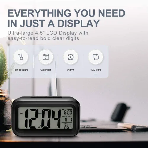 Miniatura 2 de Lesipee Reloj despertador digital, reloj para dormitorio, reloj de escritorio, funciona con pilas, reloj digital con luz nocturna inteligente, Negro