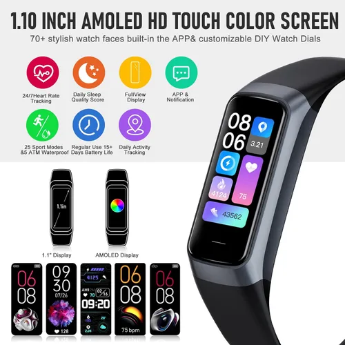 Miniatura 2 de Rastreador de actividad física, monitor de actividad con frecuencia cardíaca 24/7, monitor de sueño de presión arterial de oxígeno en sangre, Negro
