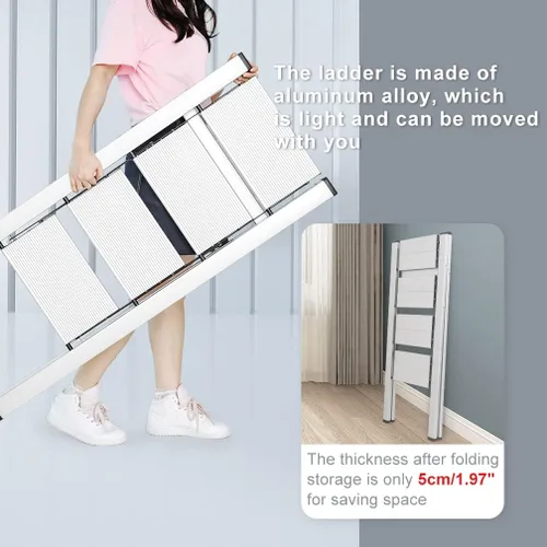 Miniatura 3 de Hershii Escalera plegable de aluminio para el hogar, ahorro de espacio, estante de almacenamiento con pedal ancho para el hogar, cocina, oficina, 4