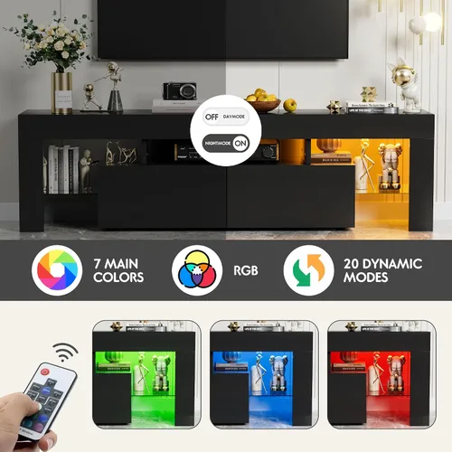 Miniatura 8 de YESHOMY Soporte de TV LED moderno negro para televisores de hasta 70 pulgadas con estantes de vidrio y cajón, centro de entretenimiento