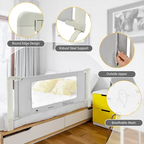 Miniatura 5 de BABY JOY Rieles de cama para niños pequeños, 70 pulgadas extra largas, protección de riel para niños de altura ajustable con doble bloqueo de Gris