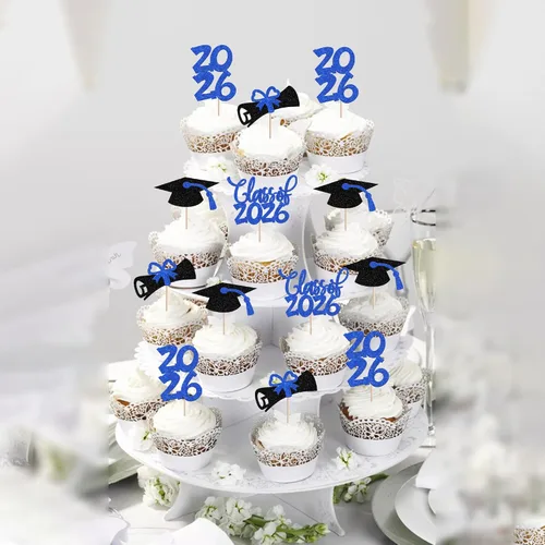 Miniatura 6 de 24 piezas 2026 temáticas de graduación 2026 decoraciones para cupcakes con purpurina clase de 2026 Diploma Congrats 2026 Tapa de graduación