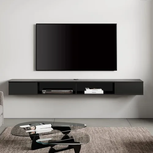 WAMPAT Soporte de TV flotante negro de 70 pulgadas, centro de entretenimiento de montaje en pared para TV de 75 pulgadas, consola multimedia para