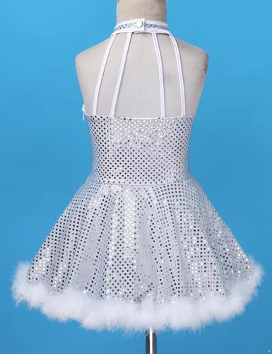Miniatura 4 de JEATHA Disfraz de tutú de lentejuelas brillantes con cuello halter para niños y niñas, muñeco de nieve, patinaje artístico, ballet