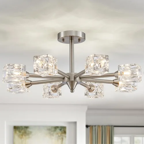 Miniatura 20 de XINGQI Lámpara de techo moderna de 6 luces, lámpara de montaje semiempotrado Sputnik, lámparas de araña doradas en negro para recámara, comedor