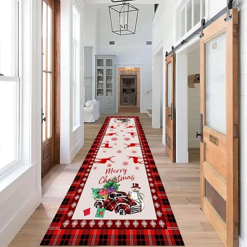 Miniatura 5 de Alfombra de pasillo de Navidad, 1.3 x 7 pies, alfombra de pasillo de renos con copos de nieve, color blanco, alfombra de pasillo estilo bohemio rojo