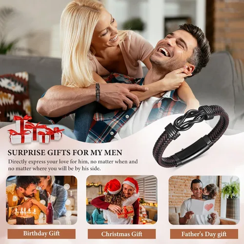 Miniatura 5 de MEALGUET Men's Bracelets Gifts for Men - Brown Braided Leather Infinity Knot Bracelets Engraved Love Massage for Son Man Husband Boyfriend, Mens