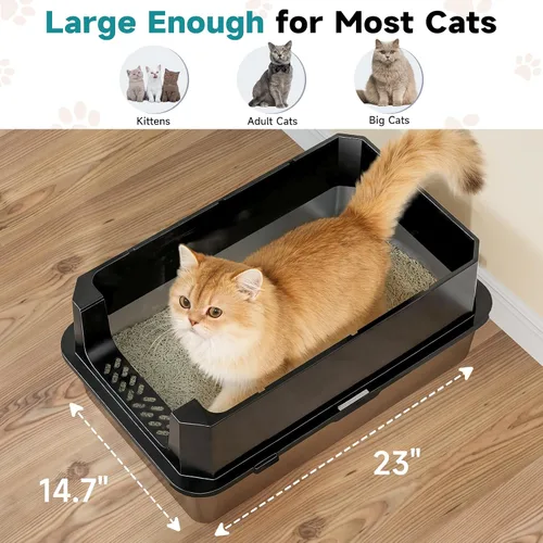 Miniatura 3 de TENTIZON - Caja de arena para gatos de acero inoxidable con tapa, caja de arena grande cerrada con capucha, parte superior abatible, lado alto