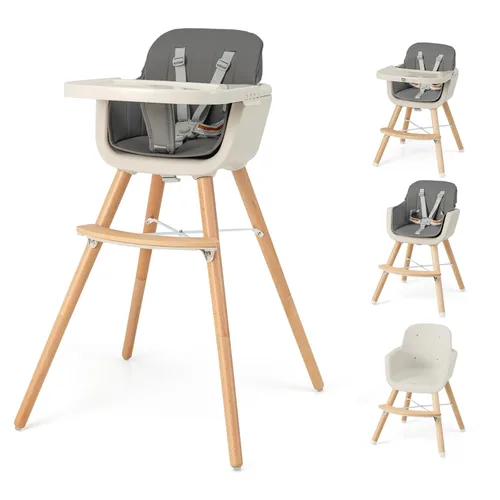 Miniatura 14 de HONEY JOY Silla alta para bebé, silla alta 6 en 1 de madera Eat & Grow con bandeja extraíble, arnés de 5 puntos, cojín de poliuretano y reposapiés