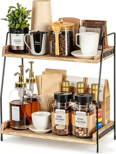 QUALLON Accesorios y organizador de barra de café, organizador de estación de café, organizador de mostrador de baño de 2 niveles, bandeja de café