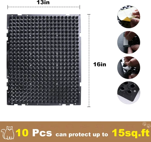 Miniatura 3 de Paquete de 10 alfombrillas de protección contra gatos de 13 x 16 pulgadas, para interiores y exteriores, valla repelente de gatos humanitaria (negro)