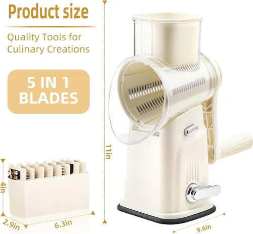 Miniatura 2 de Rallador rotativo de queso con asa, triturador de verduras con 5 cuchillas reemplazables y base de succión fuerte, rebanador redondo de alimentos