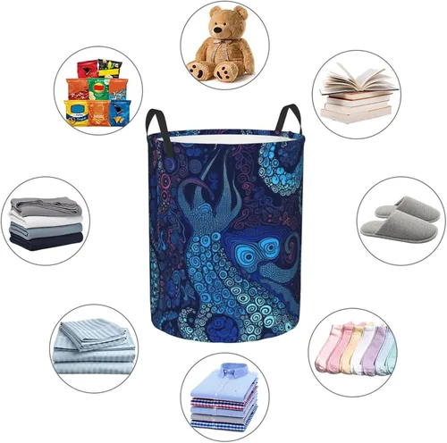 Miniatura 6 de Cesta circular con estampado de pulpo azul, impermeable, cesta organizadora de lavandería, con asas, para ropa, juguetes, pequeña