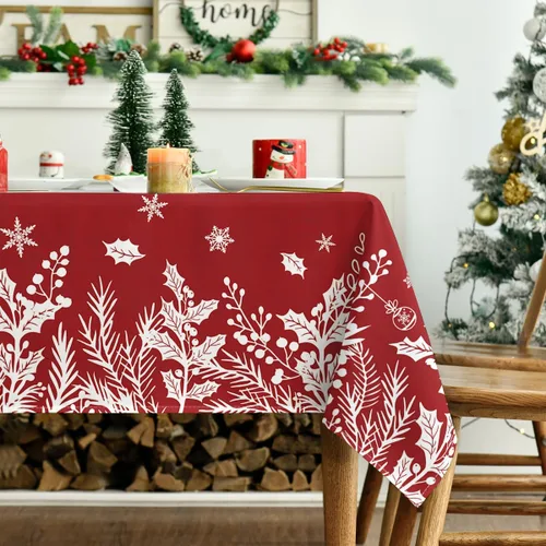 Miniatura 3 de Horaldaily Mantel de Navidad rectangular de 60 x 84 pulgadas, diseño de hojas florales, lavable, para decoración de fiestas, pícnic, cenas Rojo
