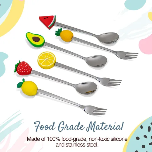 Miniatura 5 de Cucharas y tenedores pequeños de acero inoxidable y silicona, juego de 6 piezas, formas de frutas para frutas, queso, aperitivos Fruitilicious