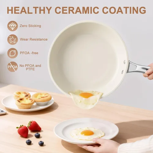 Miniatura 4 de Sartén antiadherente de cerámica de 10.25 pulgadas, sin PFAS, no tóxica, apta para horno e inducción, utensilio de cocina de aluminio con mango