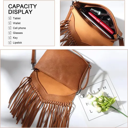 Miniatura 5 de Bolso Hobo con flecos para mujer, bolso de hombro con borla vintage, bolsos negros con borlas