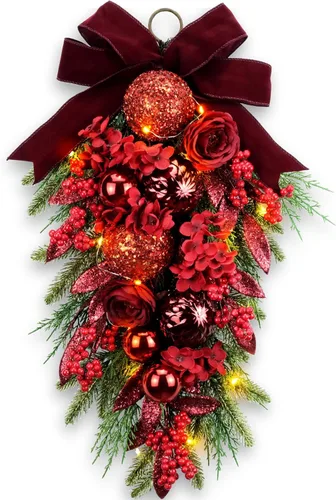 Miniatura 11 de YULETIME Botín decorativo de lágrima de 24 pulgadas, funciona con pilas, guirnalda temática patriótica con luces de hadas, rosas rojas, blancas