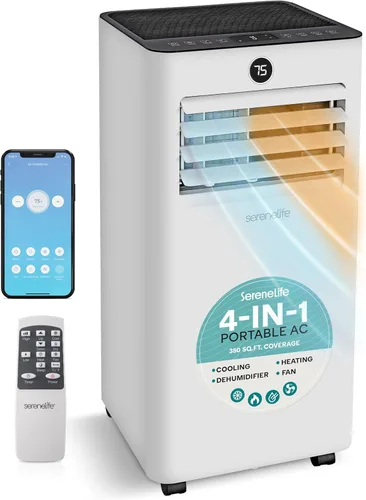 SereneLife 10,000 BTU Aire acondicionado y calentador portátil, AC pequeño con deshumidificador y ventilador, función Wifi, unidad de AC mini con