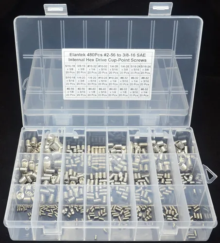 Miniatura 2 de 24 tipos #2-56 a 3/8-16 SAE 304-acero inoxidable interno Hex Drive Cup-Point Set Tornillos Surtido Kit
