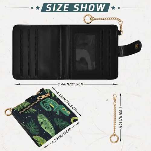 Miniatura 3 de Qilmy Green Chameleons Compact Women's Wallet - RFID Blocking Bifold Card Case PU Leather Slim Travel Wallet with Zipper Coin Pocket, ID Window &