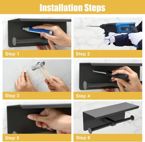 Miniatura 5 de Soporte doble de papel higiénico, soporte de papel de seda de acero inoxidable con estante, dispensador de papel higiénico antioxidante, montado