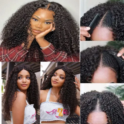 Miniatura 2 de Pelucas de Raya en V Rizadas con Forma de V para Mujeres Negras, Sin Mechas Fuera, Mejora de Raya en U, Sin Pegamento, Peluca Completa con Clip