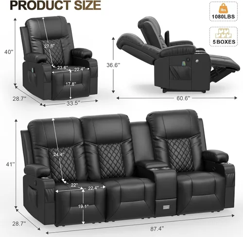 Miniatura 2 de YONISEE - Juego de sofá reclinable moderno - Sofá de 3 asientos y 1 silla reclinable giratoria con calor y masaje para sala de estar (3+1)