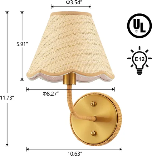 Miniatura 6 de Elycucpa - Juego de dos apliques de pared de ratán tejidos a mano, estilo bohemio, rústico, industrial, lámpara de pared de latón estilo granja