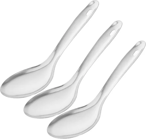 Kichvoe Juego de 3 cucharas de arroz de acero inoxidable, cucharas de cocina ligeras, cuchara de arroz para servir sopas y guisos, fácil de
