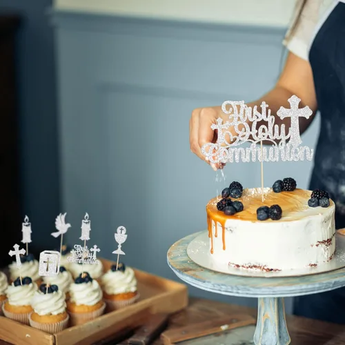 Miniatura 6 de Gyufise 25 adornos para magdalenas de la primera comunión con purpurina para la primera comunión, decoración para tartas de la primera comunión