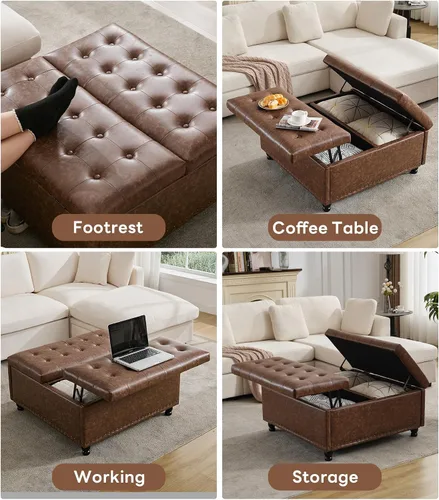 Miniatura 5 de Tbfit Banco otomano de almacenamiento cuadrado grande, mesa de centro otomana tapizada con tapa de elevación y patas de madera maciza, caja de Marrón
