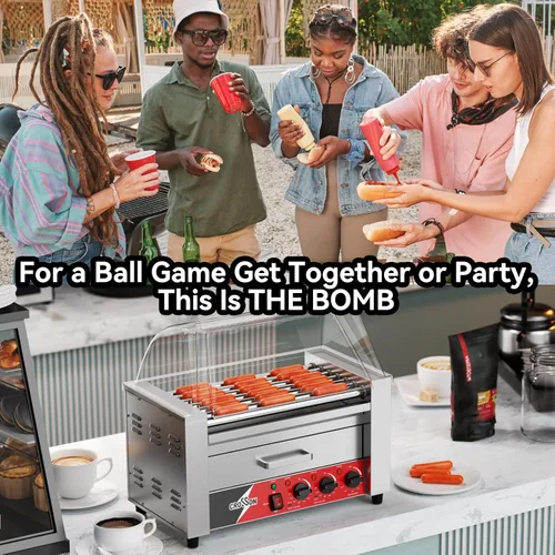 Miniatura 2 de CROSSON Hot Dog 7 Roller con calentador de bollo y protector transparente de estornudos, 7 antiadherente 304 rodillo parrilla cocina máquina