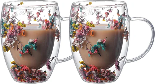 NBHUZEHUA Juego de 2 Tazas de Café de Doble Pared, Juego de Tazas de Vidrio Aisladas, Recién Casados, Compromiso, Aniversario, para Él y Ella,