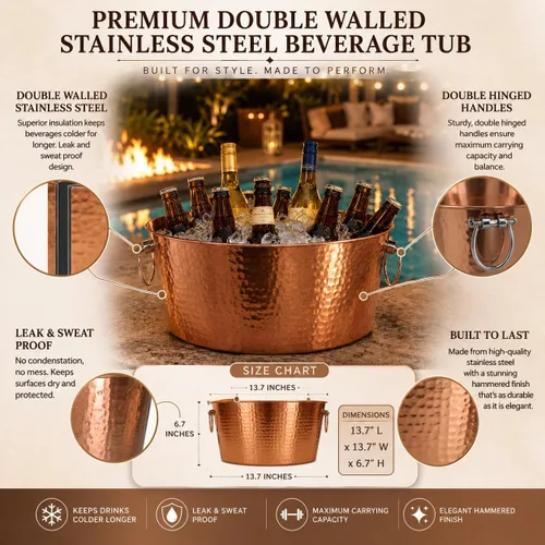 Miniatura 5 de BREKX Cubo de hielo aislado de cobre rosa de doble pared para fiestas, cubo de vino anclado/cubo de hielo grande con asas, enfriador de bebidas