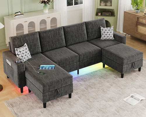 Miniatura 10 de Sofás seccionales para sala de estar, sofá seccional de tela de lino suave de 6 asientos con otomana de almacenamiento, sofá moderno convertible