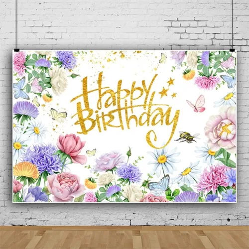 Miniatura 3 de Renaiss Telón de fondo de cumpleaños de flores silvestres de 7 x 5 pies, flores de jardín de primavera, fondo de fotografía de cumpleaños, acuarela
