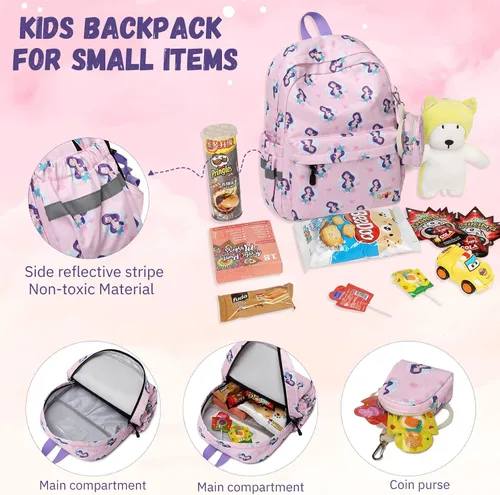 Miniatura 9 de MIRLEWAIY Mochila para niños pequeños con bolsa para monedas, Sirena rosa, Mochilas para mochila
