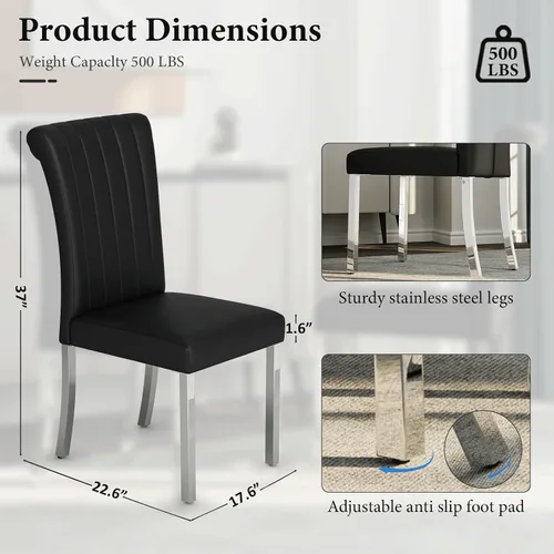 Miniatura 2 de Asday Juego de 2 sillas de comedor negras y plateadas, modernas sillas de comedor tapizadas de piel sintética con respaldo alto y patas cromadas